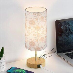 Bedside Touch Lamp, Wood Small Table lamp with 2 USB Charging Ports & Flower